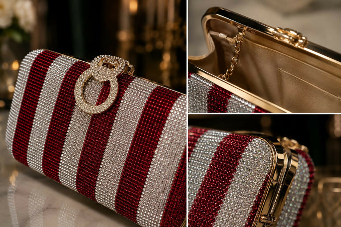 Glamorous Diamond Mesh Striped Clutch Purse for Women & Girls - Stylish Metal Handle Party Handbag