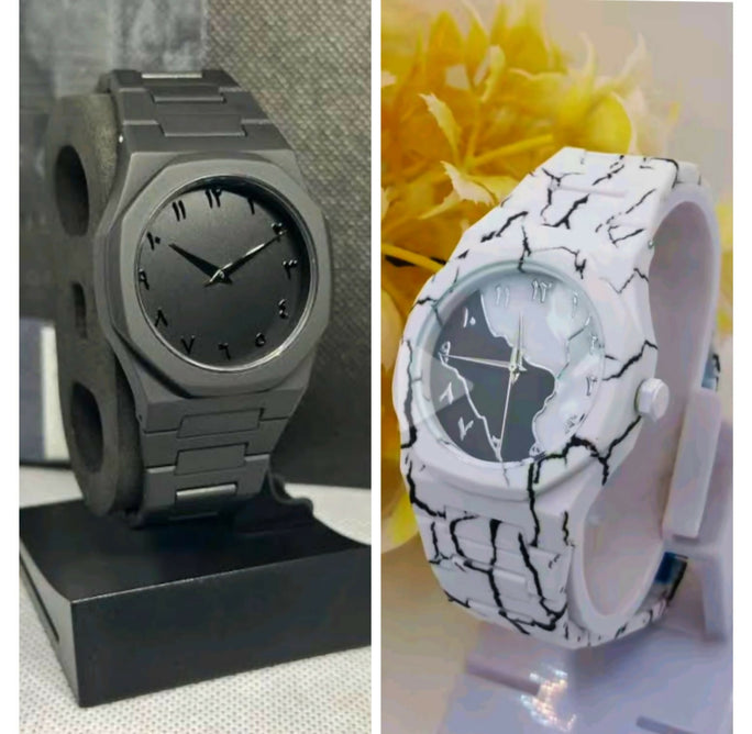 PACK OF 2 PCS Original Arabic Aura Waterproof Wrist Watch: Trending Matte Finish Luxury Timepiece for Men & Boys special Premium Arabic Aura Watch 2026 watch: Luxury Minimalist Design with Butterfly Clasp & Fiber Chain for Men