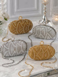 Hand Beaded Oval Evening Clutch Bag for Women - Pearl Top Clasp with Detachable Chain Strap