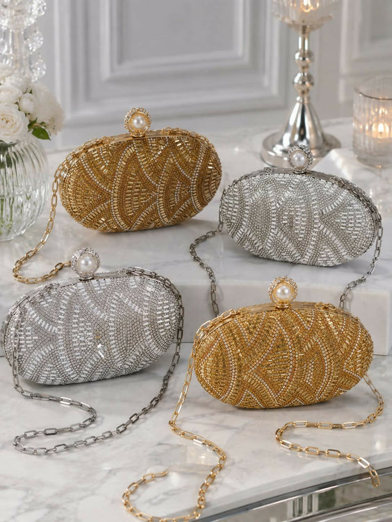 Hand Beaded Oval Evening Clutch Bag for Women - Pearl Top Clasp with Detachable Chain Strap