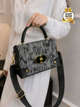 Textured Structured Top-Handle Handbag & Crossbody Bag for Women - Multi-Pocket Flap Shoulder Purse with Printed Strap