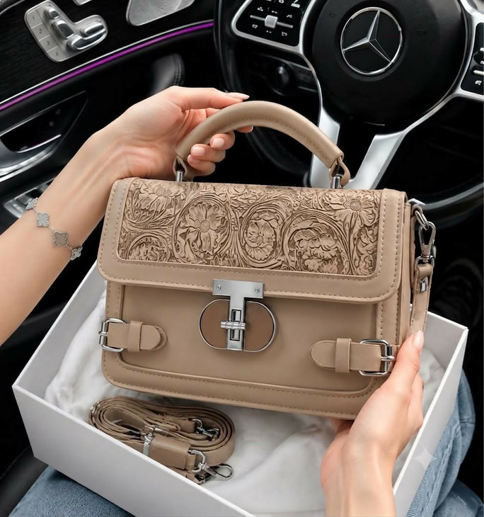 Trendy Leather Crossbody Shoulder Handbag for Women - Classic Lock Accent Top Handle Purse