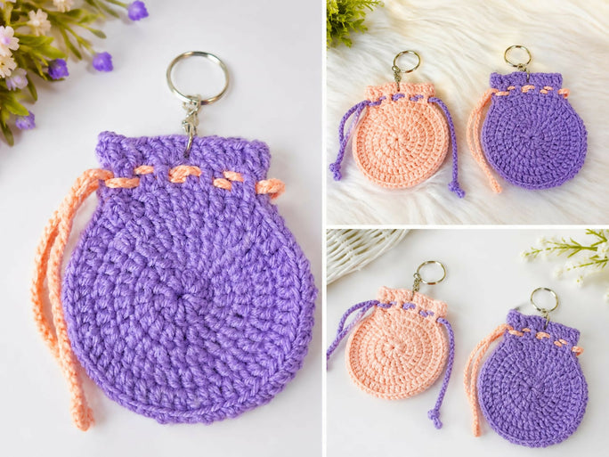 2pcs Mini Crochet Pouch Cute Coin Purses Handmade Coin Purse Jewelry Crochet Pouch Small Bag Drawstring Knitting Wallet for Women Change Keychain Earbuds Dice